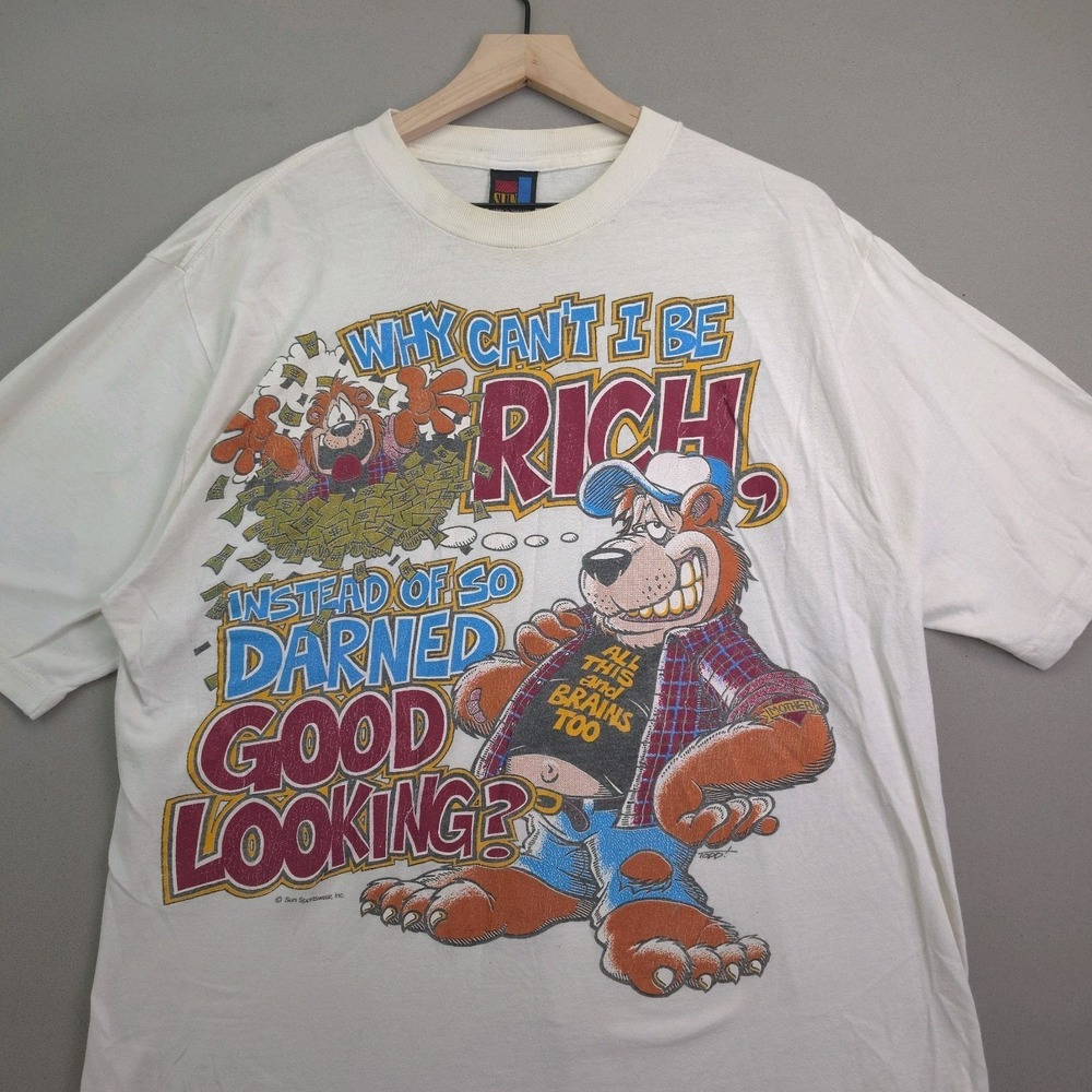 Vintage 90s Sun Sportswear Funny Bear Tee L White Why Cant I Be Rich Cartoon T X